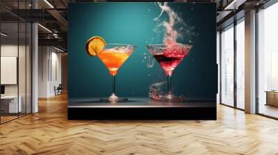 Cinematic photoshoot of two cocktail glasses splashing Wall mural