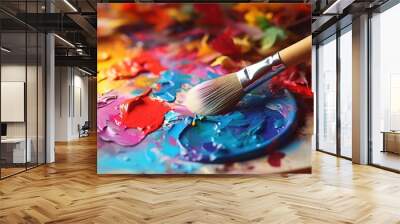 Close-up of a paintbrush on a paint colors tray Wall mural