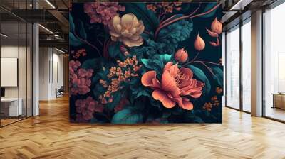 Dark floral background wallpaper design with multicolor flowers and leaves Wall mural