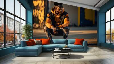 Fashionable male model wearing a trendy streetwear hip-hop outfit. Young handsome dark skinned guy posing outdoors in the street. Fashion Photography. Wall mural