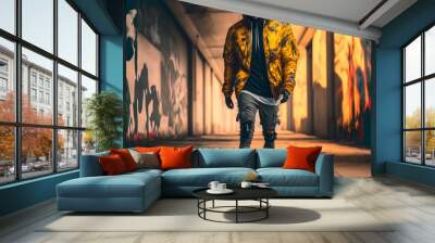 Fashionable male model wearing a trendy streetwear hip-hop yellow hoodie outfit. Young handsome dark skinned guy posing outdoors in the street. Fashion Photography. Wall mural