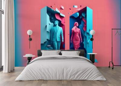 Gender Equality illustration with a blue man statue and pink woman statue Wall mural