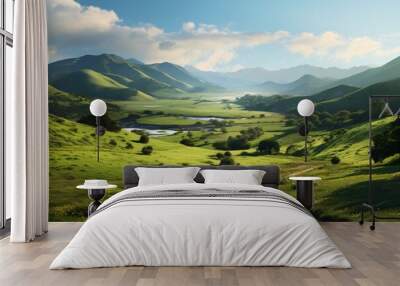 Green valley with small hills and mountains Wall mural