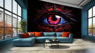 Red colored evil eye poster on a black background Wall mural