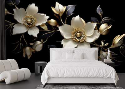 white and golden flowers on black background Wall mural