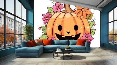 Vector clipart, halloween kawaii pumpkin with flowers Wall mural