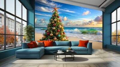 Beach Christmas Tree Starfish Topped, Ornaments and Golden Sunset - Holiday Ocean Scene, Tropical Christmas, Winter Wonderland, Festive Seascape, Christmas Beach, Holiday by the Sea Wall mural