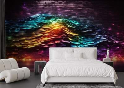 A rainbow-colored, geometric mountain with a glowing base in a dark, brick-walled room. Wall mural