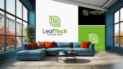 Modern leaf tech line logo design, Eco tech logo template symbol element design, Nature logo Wall mural