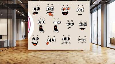 Cartoon retro faces. Vintage emotional face, old style funny eyes and mouth, different facial expression. Vector set Wall mural