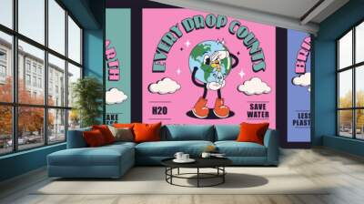 Collage vintage motivation poster or card design template with walking happy cute Earth planet character mascot with slogan of save Earth caption for t shirt print. Set in modern cartoon style Wall mural