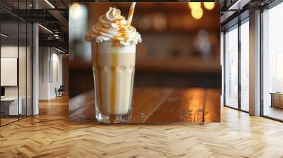 Decadent Caramel Milkshake with Whipped Cream in Cozy Cafe Setting Wall mural