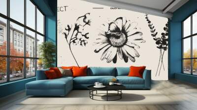 Different branches, chamomile, butterfly photocopy effect elements set with grunge stippling grain messy texture. Trendy y2k aesthetic vector illustration. Ideal for poster design, t shirt Wall mural