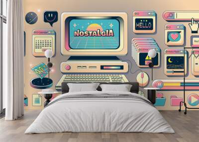 Old computer aestethic. Vaporwave style pc elements, user interface, UI, , planet, dialogue windows, icons in trendy y2k retro style. Vector illustrations. Nostalgia for 1990s -2000s. Wall mural