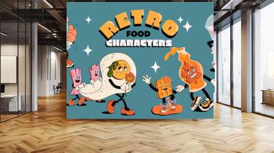 Retro groovy fast food characters set. Trendy modern style 60s - 70s. Coffee with a croissant, egg with bacon, waffles, maple syrup, fries, hot-dog . Retro vector illustration. Mascots for restaurant. Wall mural