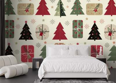 Seamless pattern with minimalist Christmas trees and gift boxes in retro style. Soft shades of red, green, beige, and gold create a festive holiday design with geometric trees, decorative gift boxes Wall mural