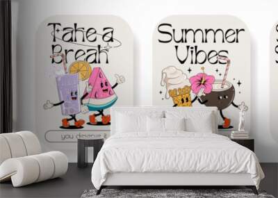 Set of summer retro posters or cards with walking funny cute comic characters. Lettering illustration for t-shirt print. Suitcase, ice cream, cocktail, spf cream, watermelon, pool float, surf	 Wall mural