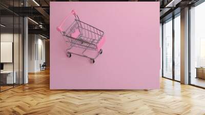 Small shopping cart with big cucumber on pink background Wall mural