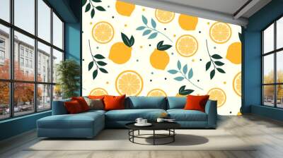 Tropical seamless pattern with yellow lemons and leaves. Cute fruit summer background. Vector bright modern print for paper, cover, fabric. Wall mural