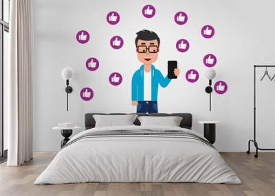 A happy young man looking at his mobile phone, surrounded by the thumbs up signs. Influencer,viral. Likes on social media. Being popular online. Having support concept. Vector illustration,flat style. Wall mural