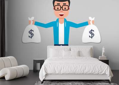 A young man is holding two money bags. Financial success concept. Become rich concept. He is standing and smiling, looking excited, dressed casual.  Stock vector illustration, flat style, clip art. Wall mural