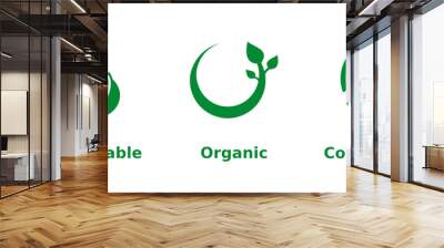 Biodegradable, organic, compostable icon set. Three green eco friendly signs on white background. Organic farming, environmental, healthy lifestyle, ecological, concept. Vector illustration,clip art.  Wall mural