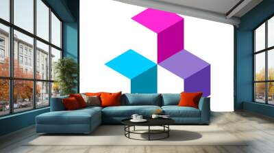 Colorful cubic logo template with three elements. 3d box template. Isometric projection. Square block parts make a whole. Visual effect. Electronics industry. App icon. Vector illustration, clip art.  Wall mural