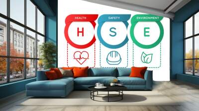 HSE. Health, safety, and environment. Occupational safety and health infographic. Safe industry and workplace standard. Acronym with leaf, helmet and heart icons. Vector illustration, flat, clip art.  Wall mural