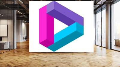 Impossible triangle shape. Colorful geometric triangular object. Stylized play button. Letter D logo template. Optical illusion made of rectangles. 3D Visual trick. Arrow. Vector illustration,clip art Wall mural