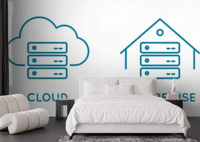 On-premise and cloud service line icon. Local network and cloud based solutions. In house infrastructure vs global network. Virtual and physical data storage. Vector illustration, flat, clip art. Wall mural