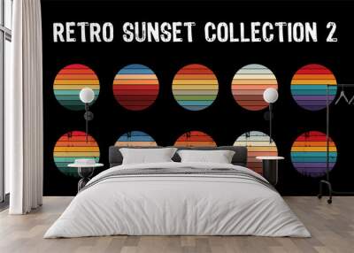 Vintage sunset collection in 70s 80s style. Regular and distressed retro sunset set. Five options with textured versions. Circular gradient background. T shirt design element. Vector illustration,flat Wall mural