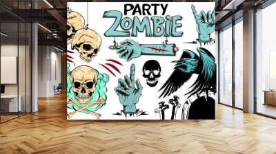 Vector evil human skull. Vector illustration, set for Halloween. Zombie party. Wall mural