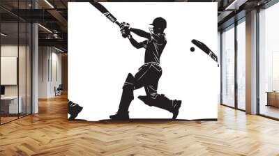 Set of batsman silhouette playing cricket on the field. Black and white Wall mural