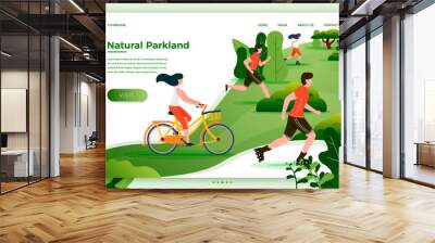 Vector illustration - bicycle riding, running, rolling people in park and trees on background. Banner, site, poster template with place for your text. Wall mural