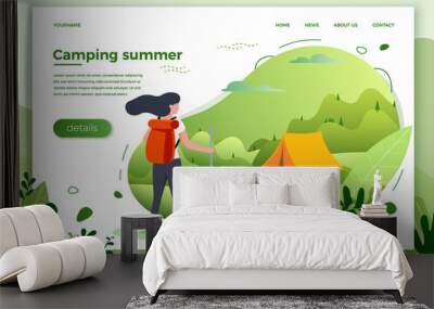 vector illustration - tourist girl looking on camping place with bonfire. forests, trees and hills o Wall mural