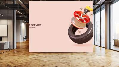 3D Auto Repair Service Concept. Realistic 3d design of Cars Tire, Rim, Pneumatic Screwdriver and Bolts. 3D Vector illustration in cartoon minimal style. Wall mural