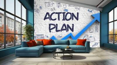 Action Plan Drawn on White Brick Wall.  Wall mural