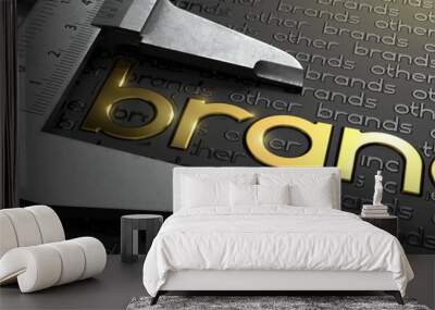 Business Concept with Golden Word BRAND on Black Background and Vernier Caliper. Wall mural