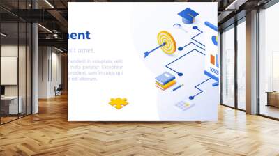 EFFECTIVE MANAGEMENT - Isometric Design in Trendy Colors Isometrical Icons on Blue Background. Banner Layout Template for Website Development Wall mural