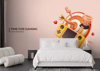 eSport or cyber sport concept. Realistic 3d design of Game console, Trophy Cup and hit target. 3D Vector illustration in cartoon minimal style. Wall mural