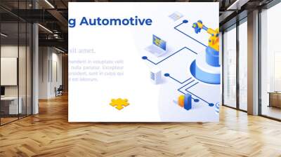 EVERYTHING AUTOMOTIVE SOLUTIONS - Isometric Design in Trendy Colors Isometrical Icons on Blue Background. Banner Layout Template for Website Development Wall mural