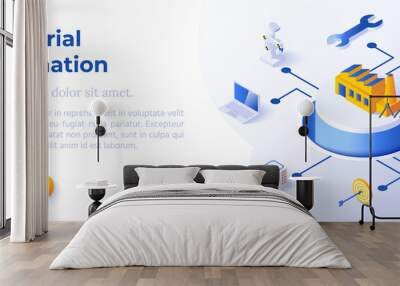 Industrial Automation - Isometric Design in Trendy Colors Isometrical Icons on Blue Background. Banner Layout Template for Website Development Wall mural