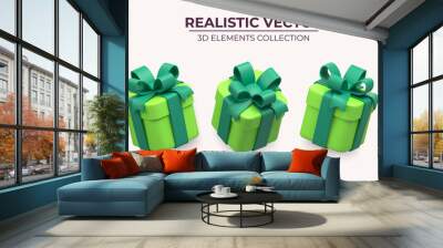 Set of Realistic green gifts boxes isolated on a light background. 3d illustration of five springly green gift boxes with bows and ribbons, Festive decorative 3d render object Realistic vector decor Wall mural