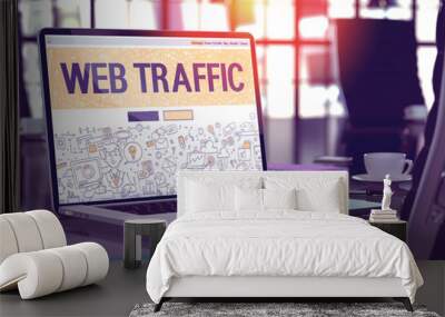 Web Traffic Concept. Closeup Landing Page on Laptop Screen in Doodle Design Style. On Background of Comfortable Working Place in Modern Office. Blurred, Toned Image. 3D Render. Wall mural