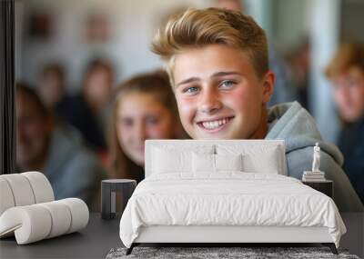 A cheerful teenage boy with blond hair smiling in a school setting, surrounded by classmates, reflecting a joyful moment. Wall mural