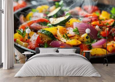 A close-up of colorful grilled vegetables, including peppers and onions, in a steaming hot skillet. Wall mural