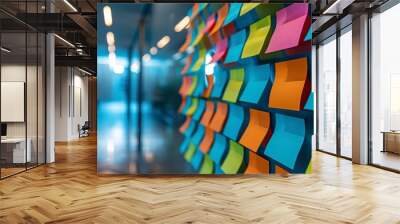 A creative display of multicolored sticky notes on a glass wall in a modern office workspace. Wall mural