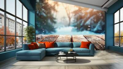 A dark wooden table with snow falling gently on its surface Wall mural