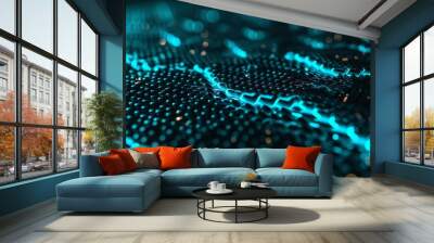 A detailed view of a computer screen emitting blue lights, showcasing futuristic abstract hexagons and a glowing technology interface Wall mural