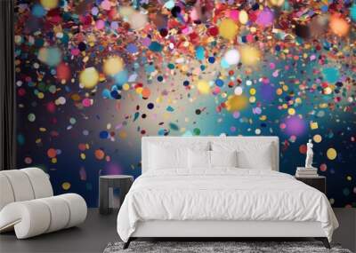 A festive and colorful party with flying neon confetti on a golden background Wall mural